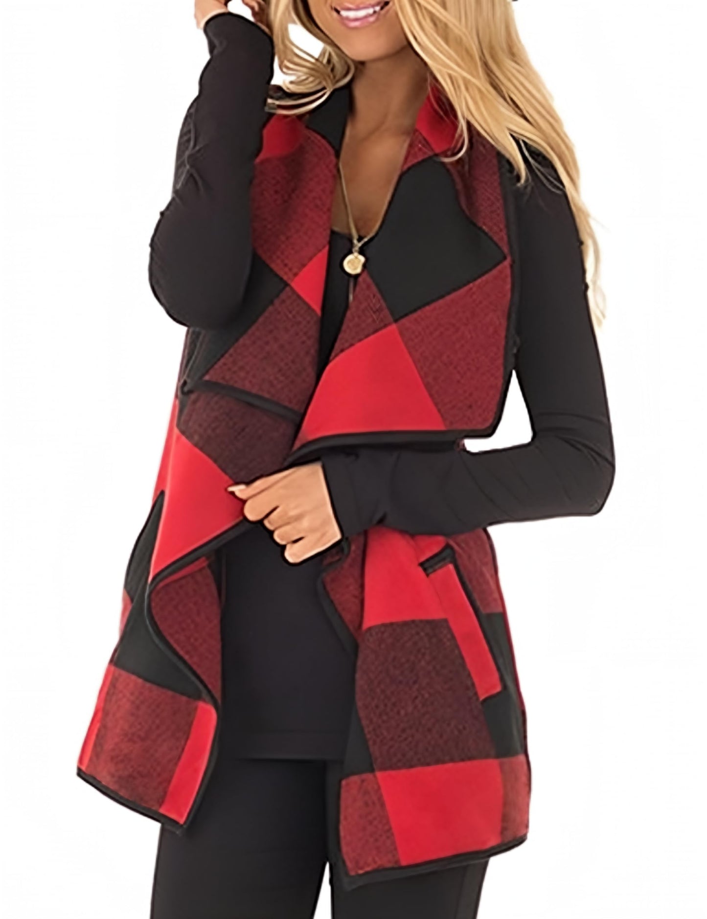 YIOIOIO Women's Buffalo Plaid Vest Lapel Open Front Sleeveless Cardigan Jacket Coat with Pockets