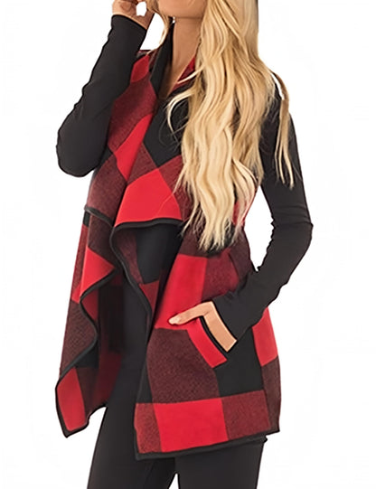 YIOIOIO Women's Buffalo Plaid Vest Lapel Open Front Sleeveless Cardigan Jacket Coat with Pockets