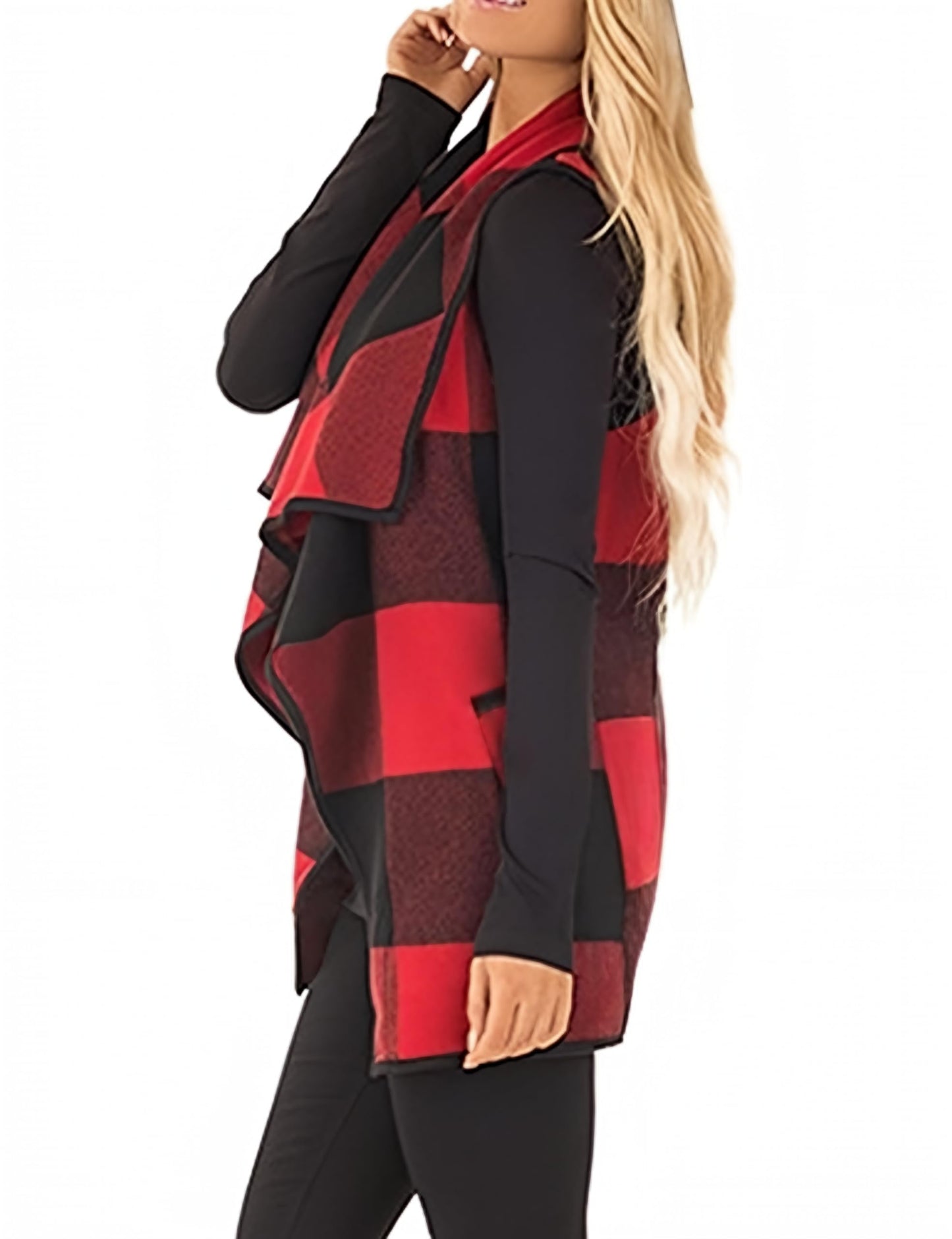 YIOIOIO Women's Buffalo Plaid Vest Lapel Open Front Sleeveless Cardigan Jacket Coat with Pockets