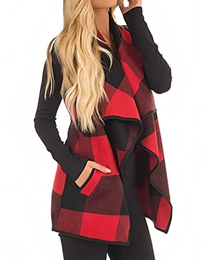 YIOIOIO Women's Buffalo Plaid Vest Lapel Open Front Sleeveless Cardigan Jacket Coat with Pockets