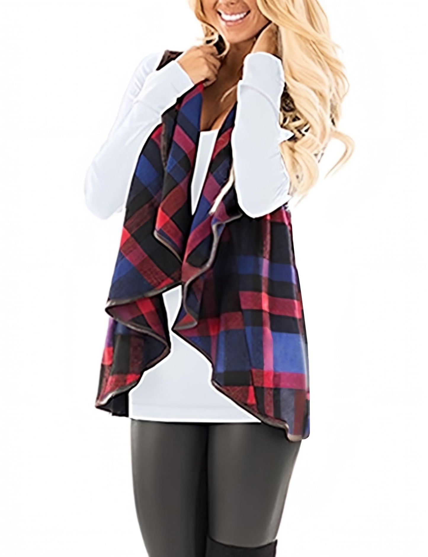 YIOIOIO Women's Buffalo Plaid Vest Lapel Open Front Sleeveless Cardigan Jacket Coat with Pockets