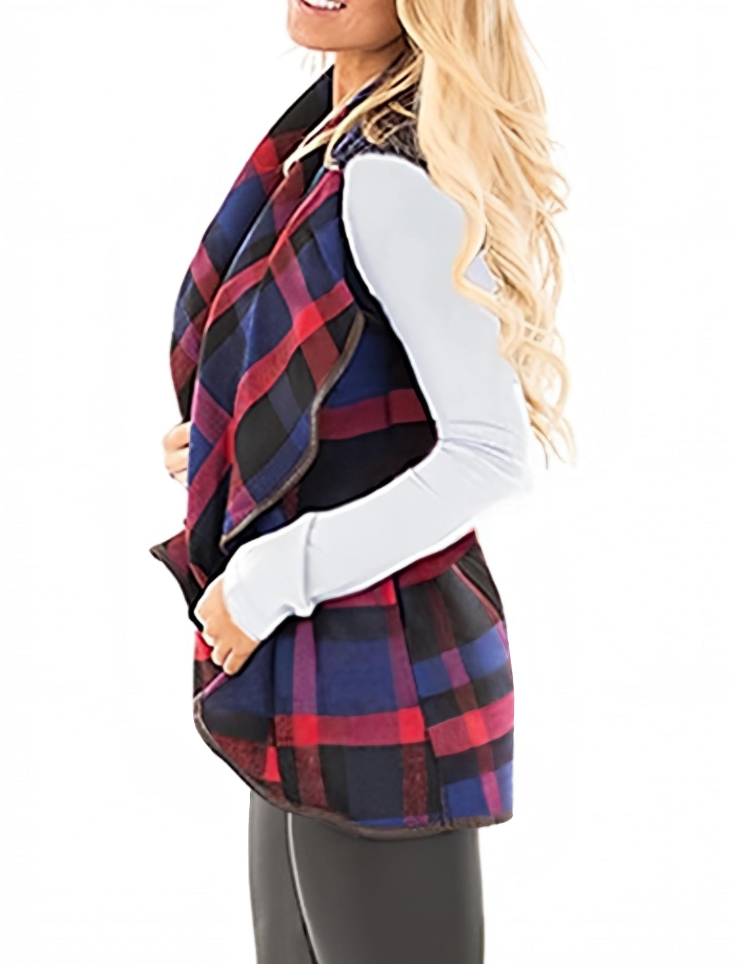 YIOIOIO Women's Buffalo Plaid Vest Lapel Open Front Sleeveless Cardigan Jacket Coat with Pockets