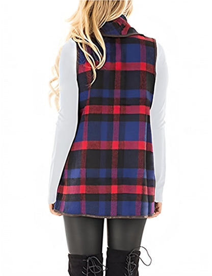 YIOIOIO Women's Buffalo Plaid Vest Lapel Open Front Sleeveless Cardigan Jacket Coat with Pockets