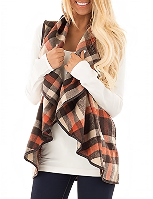 YIOIOIO Women's Buffalo Plaid Vest Lapel Open Front Sleeveless Cardigan Jacket Coat with Pockets