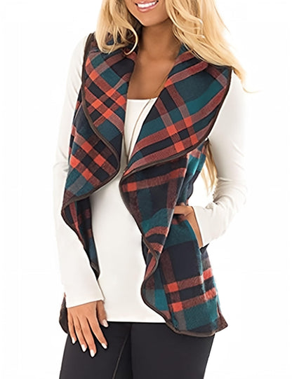 YIOIOIO Women's Buffalo Plaid Vest Lapel Open Front Sleeveless Cardigan Jacket Coat with Pockets