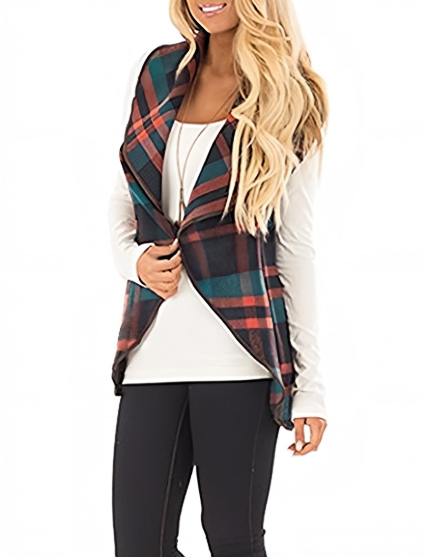 YIOIOIO Women's Buffalo Plaid Vest Lapel Open Front Sleeveless Cardigan Jacket Coat with Pockets