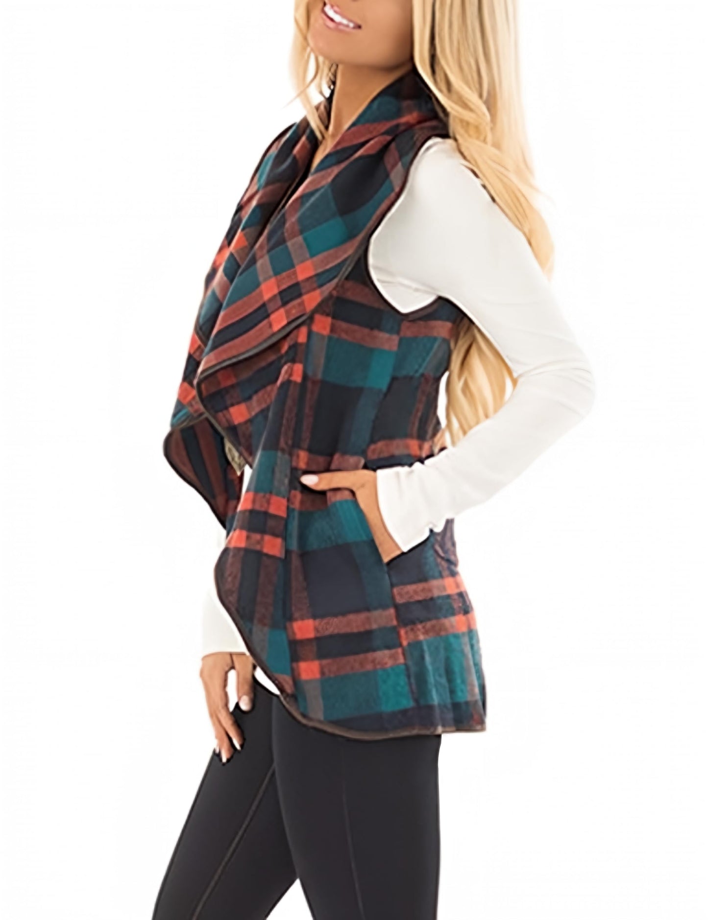 YIOIOIO Women's Buffalo Plaid Vest Lapel Open Front Sleeveless Cardigan Jacket Coat with Pockets