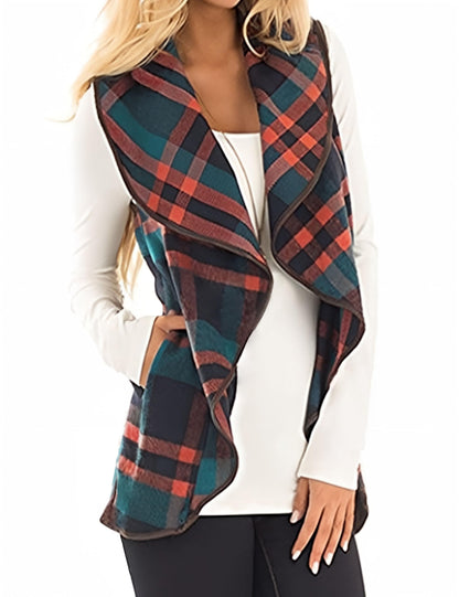 YIOIOIO Women's Buffalo Plaid Vest Lapel Open Front Sleeveless Cardigan Jacket Coat with Pockets