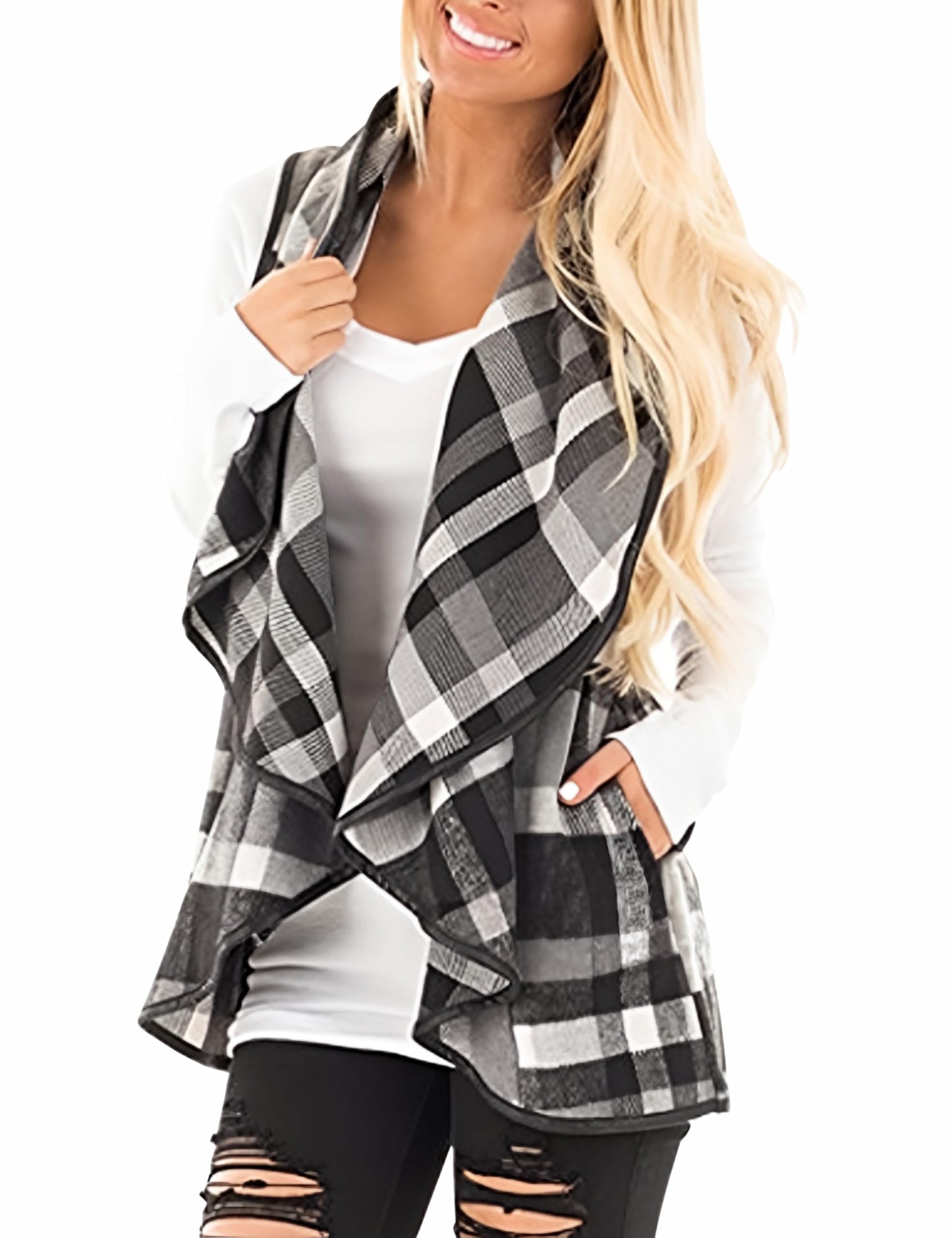 YIOIOIO Women's Buffalo Plaid Vest Lapel Open Front Sleeveless Cardigan Jacket Coat with Pockets