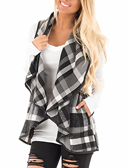 YIOIOIO Women's Buffalo Plaid Vest Lapel Open Front Sleeveless Cardigan Jacket Coat with Pockets