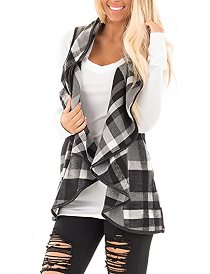 YIOIOIO Women's Buffalo Plaid Vest Lapel Open Front Sleeveless Cardigan Jacket Coat with Pockets