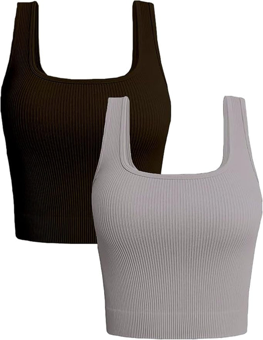 YIOIOIO Women's 2-Pack Crop Tops Rib-Knit Seamless Workout Exercise Shirts Yoga Tank Tops