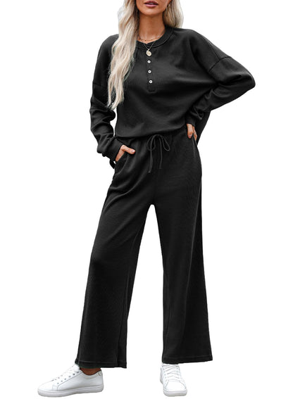 YIOIOIO Women's Cozy Loungewear Ribbed Knit Lounge Sets Long Sleeve Tops and Pants