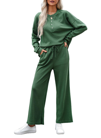 YIOIOIO Women's Cozy Loungewear Ribbed Knit Lounge Sets Long Sleeve Tops and Pants