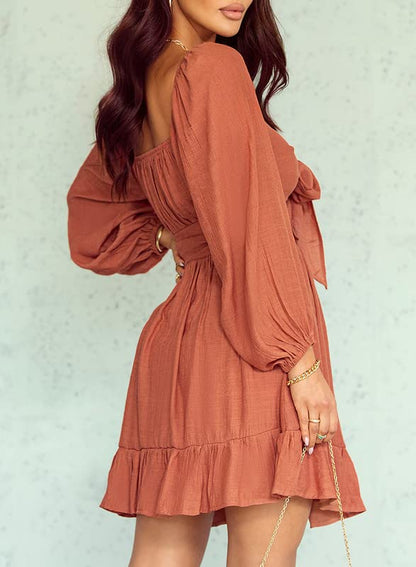 YIOIOIO Square Neck Long Sleeve A-Line Mini Dress