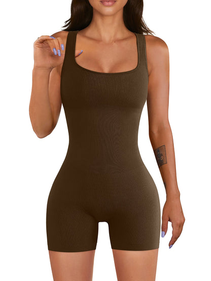 YIOIOIO Women Yoga Romper Workout Ribbed Square Neck One Piece Seamless Tank Top Jumpsuit