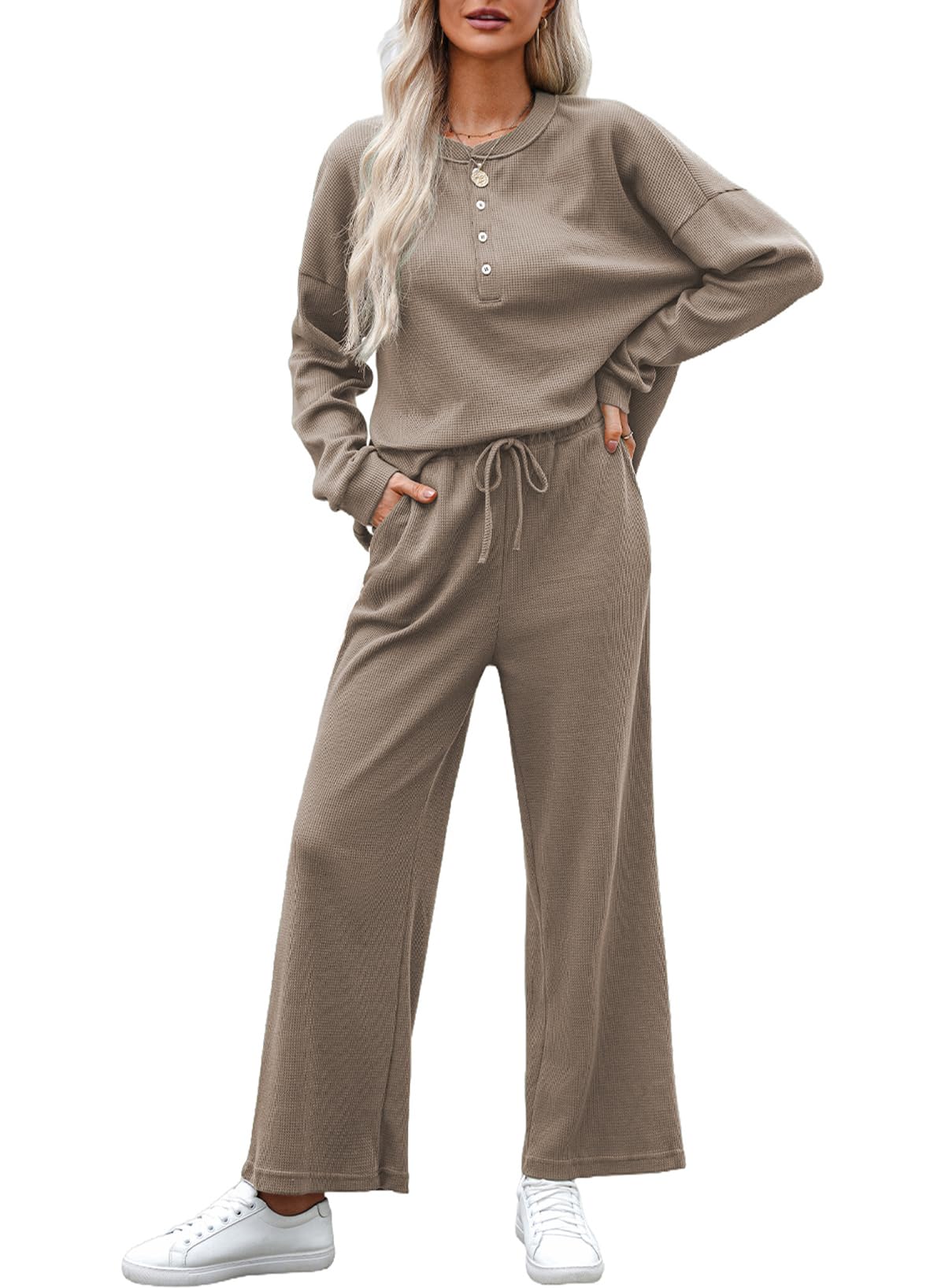 YIOIOIO Women's Cozy Loungewear Ribbed Knit Lounge Sets Long Sleeve Tops and Pants